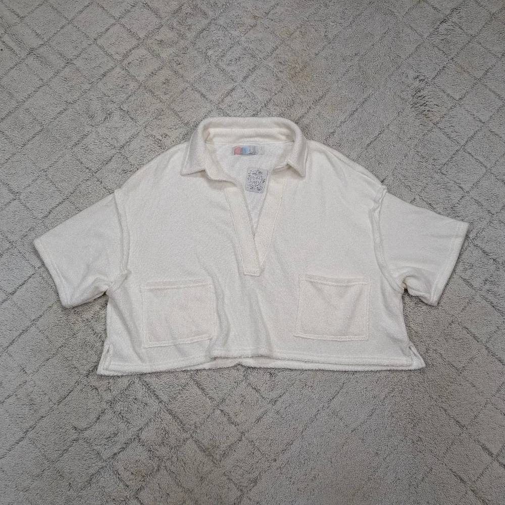 Free People Sweatshirt Womens S White Terry Cloth FP Beach Collar Crop Slouchy